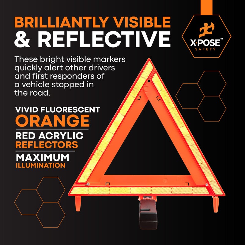 xpose safety مثلثات الطوارئ العاكسة للسلامة من إكسبوز - 1 مجموعة (3 مثلثات) - معتمدة من DOT كعلامات تحذير للسيارات على جانب الطريق - علامات رؤية خطر السيارات باللونين الأحمر والبرتقالي - Image 4